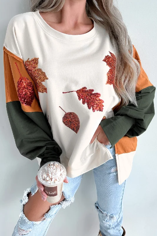 Bold Style Beauty Of Nature Sequin Leaf Oversized Top (Cream/Olive)
