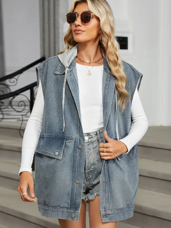 Simple Comfort Removable Hood Button Up Cap Sleeve Denim Jacket