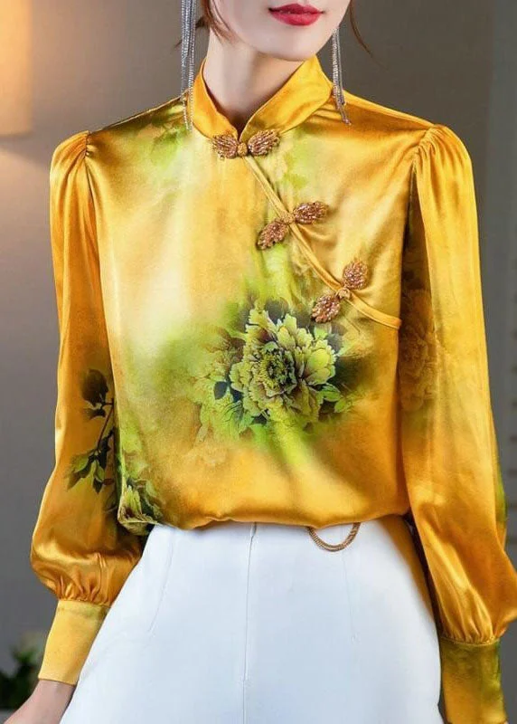 Soft Fabrics Women Yellow Stand Collar Oriental Button Print Patchwork Silk Tops Spring Soft Fabrics Women Yellow Stand Collar Oriental Button Print Patchwork Silk Tops Spring