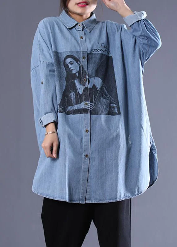 Modern Apparel Denim Blue Loose Long Sleeve Women Shirt