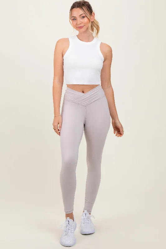 Casual Everyday Wear Beige Crossover Waistline Leggings