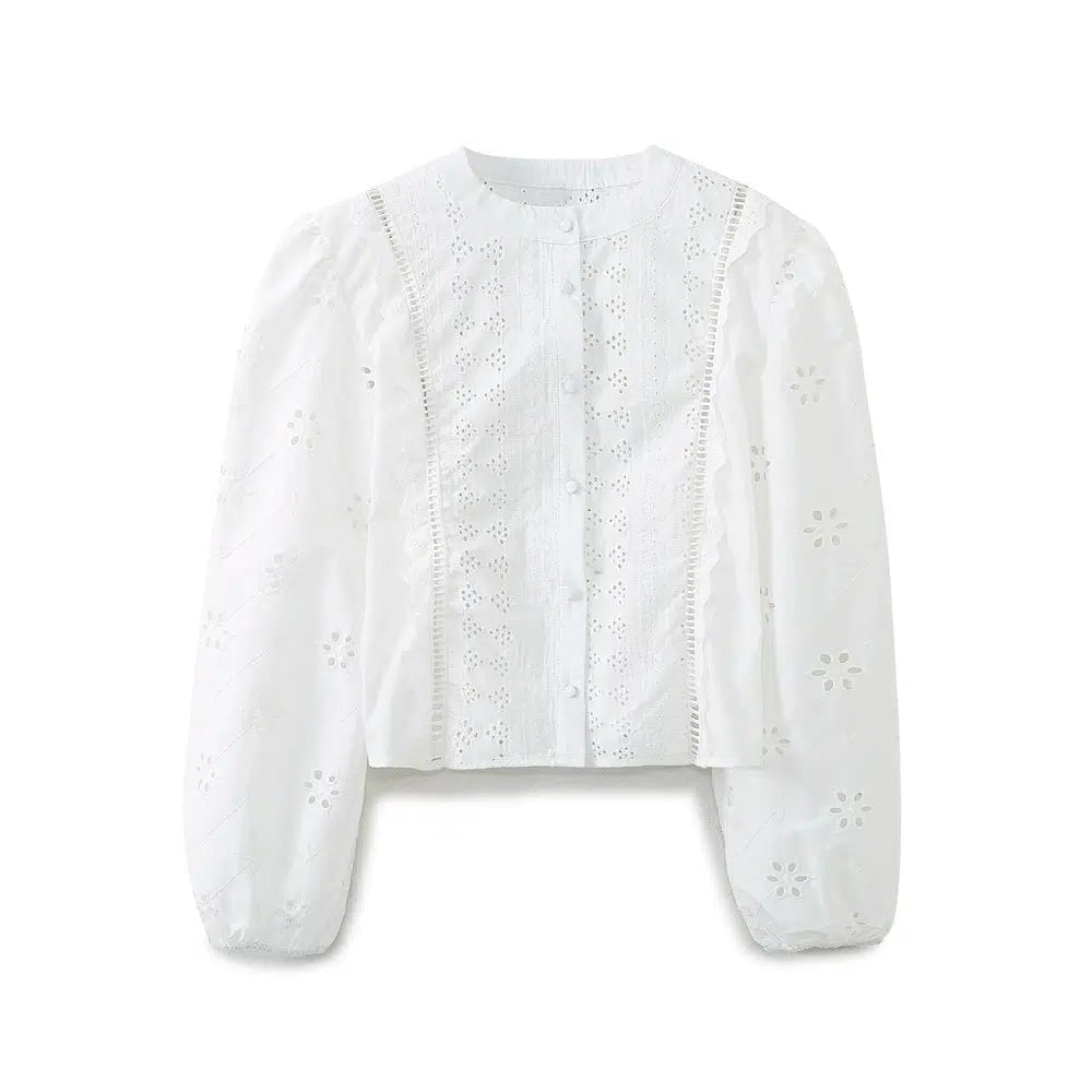 Fashionable Fit Elegant Eyelet Long Sleeve Blouse