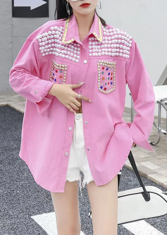 Cozy Vibes Organic Pink Peter Pan Collar Nail Bead Zircon Patchwork Denim Blouses Long Sleeve Cozy Vibes Organic Pink Peter Pan Collar Nail Bead Zircon Patchwork Denim Blouses Long Sleeve