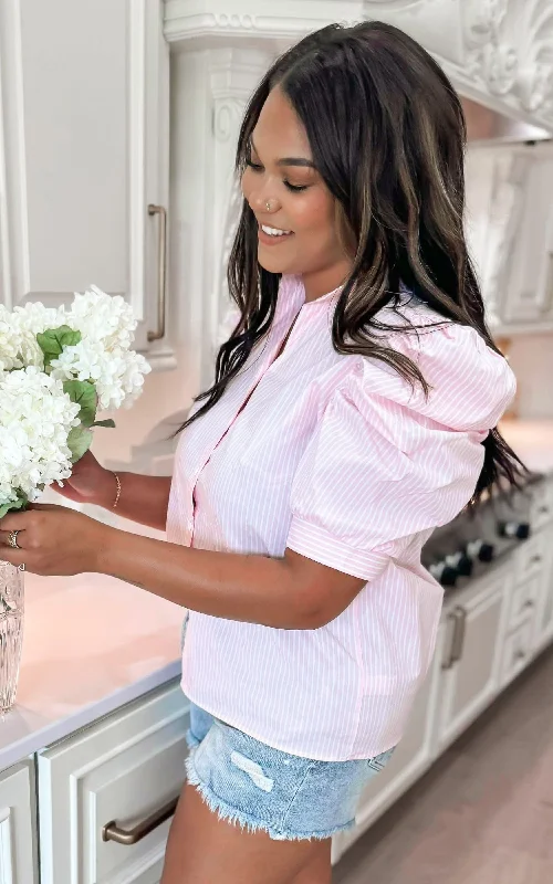 Daily Comfort Adia Pink Stripe Puff Sleeve Blouse