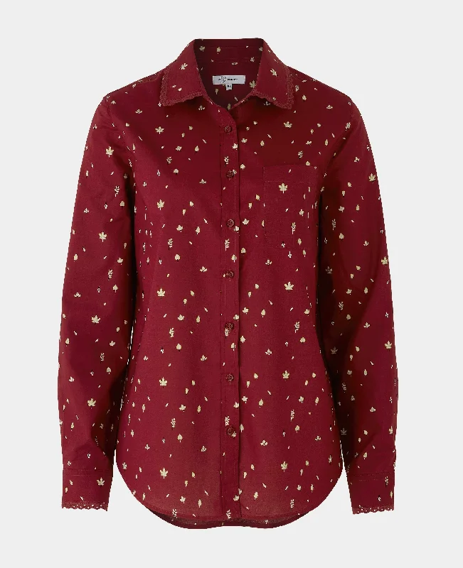 Warm Style Women's Deep Red Leaf Print Semi Fitted Shirt