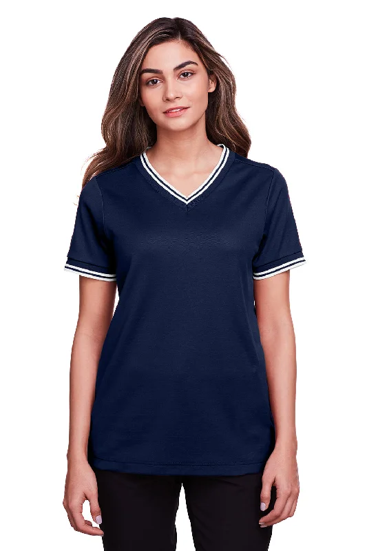 Cozy Essentials Devon & Jones Womens CrownLux Performance Moisture Wicking Short Sleeve Polo Shirt - Navy Blue/White