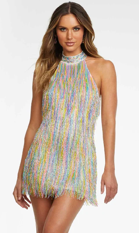 Comfort Wardrobe Ashley Lauren - 4486 Halter Rainbow Fringe Short Dress