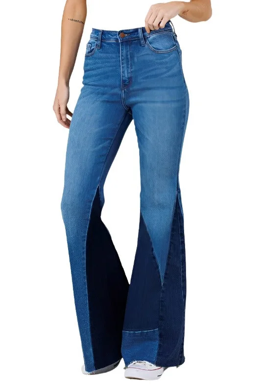 Personalized Design Jacket Womens Color Block Side Slit Flare Jeans