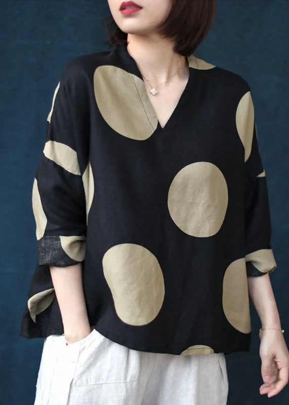 Personalized Text Modern Black V Neck dot print Linen tops Spring