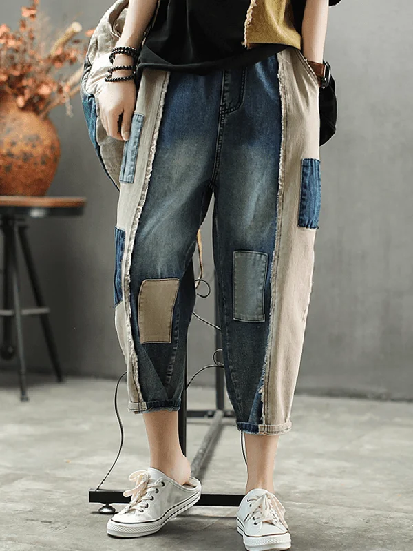 Classic Comfort Contrast Color Patchwork Patch Casual Jeans
