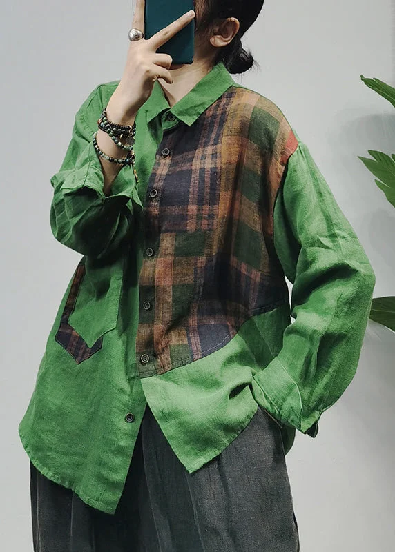 Cozy Daywear Fashion Green Button Peter Pan Collar Plaid Patchwork Linen Blouse Top Long Sleeve Cozy Daywear Fashion Green Button Peter Pan Collar Plaid Patchwork Linen Blouse Top Long Sleeve