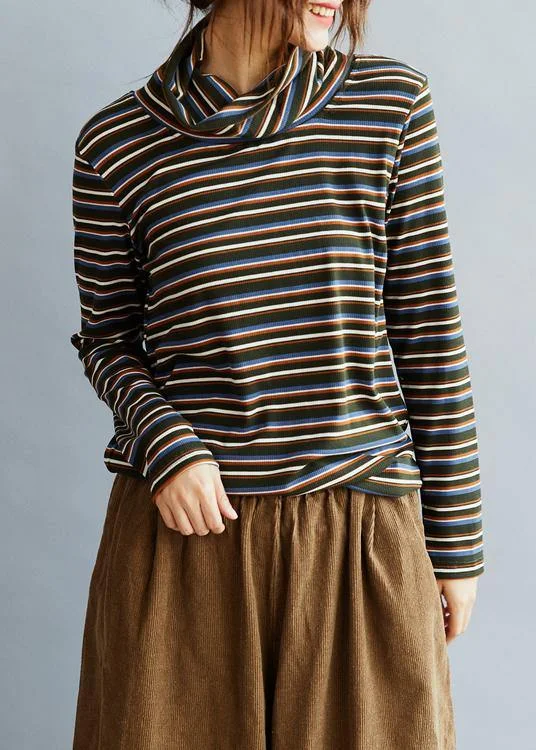 Cozy Pieces DIY High Neck  cotton Spring Blouses For Women Shirts Striped  tops