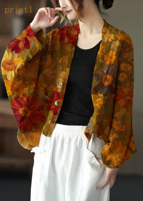 Cozy Essentials Fine Yellow-red flower Bat wing Sleeve Pockets Coat Short