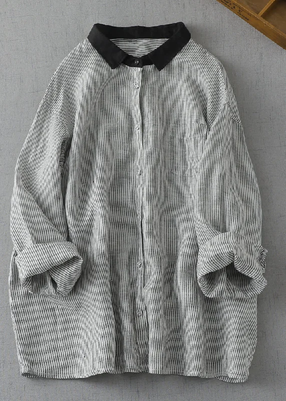 Affordable Trend Art Black Oversized Striped Linen Blouses Summer