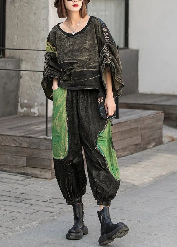 Budget Apparel Modern Black O-Neck asymmetrical design Patchwork Denim tops and harem pants Two Piece Set Spring