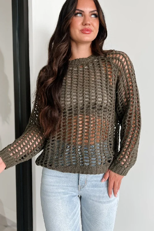 Relaxed Fit Castillo Hollow Knit Sweater Top (Olive)