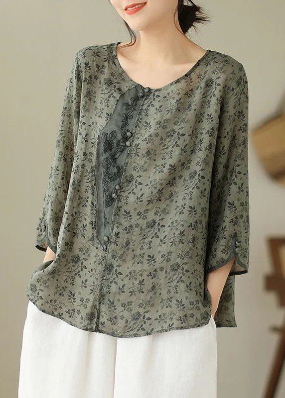 Everyday Outfits Vintage O-Neck Print Button Linen Shirt Long Sleeve