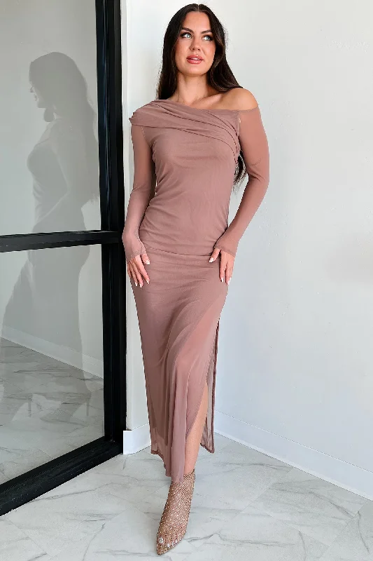 Cool Layers Leading Lady Energy Off The Shoulder Mesh Maxi Dress (Mocha)