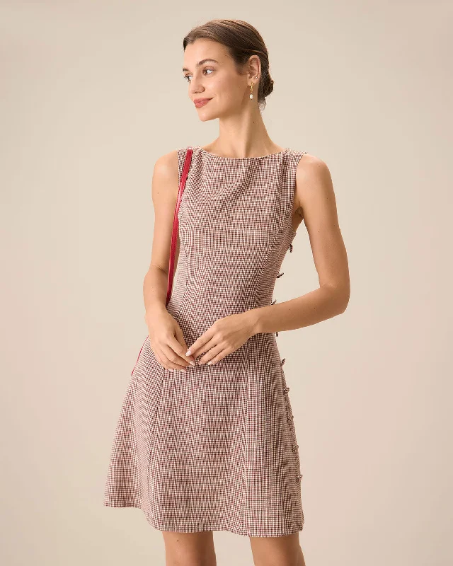 Trendy Clothing Women's Boat Neck Brown Plaid Mini Dress