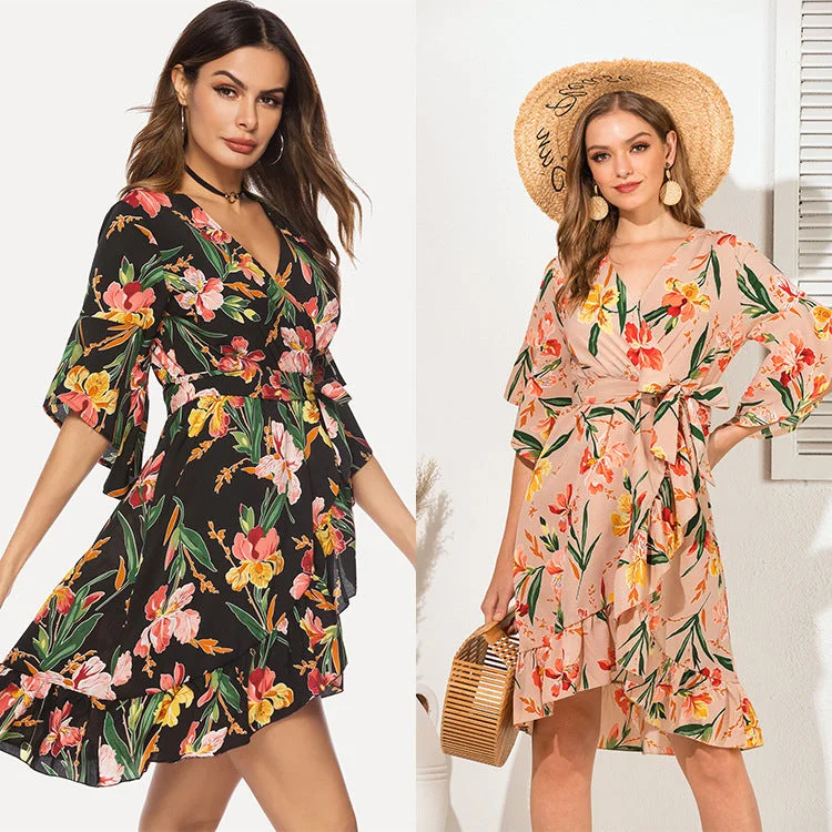 Cozy Casuals Casual V Neck Floral Print Ruffled Short Daily Dresses