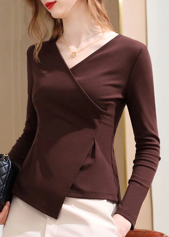 Classy Outfits Chic Coffee V Neck Asymmetrical Patchwork Cotton Tops Spring