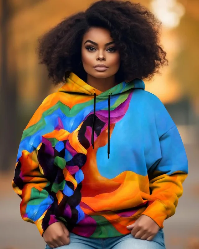 Chic Outfits Color Blocking Black Girl Hair Print Hoodie