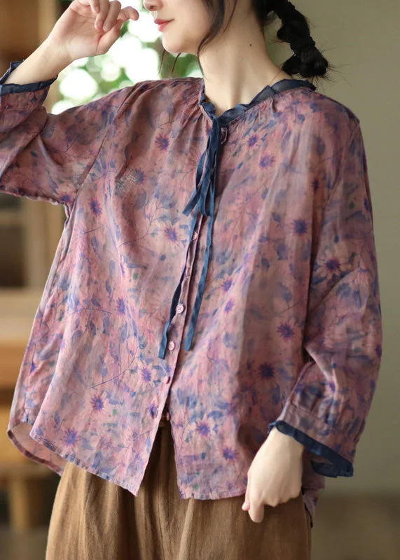 Trendy Styles Purple O-Neck Ruffled Button Ramie Shirts Spring