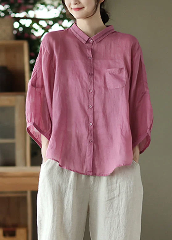 Cool Layers Organic Rose Patchwork Button Solid Ramie Top Long Sleeve