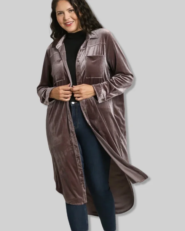 Modern Looks Stretch Velvet Shacket Shirt in Warm Pewter