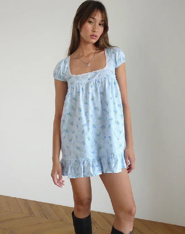 Easy Fashion Trim Mini Dress in Blue Flower Gingham