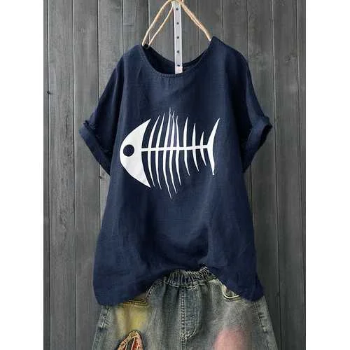 Cool Style Cartoon Fish Bone Print T-shirt