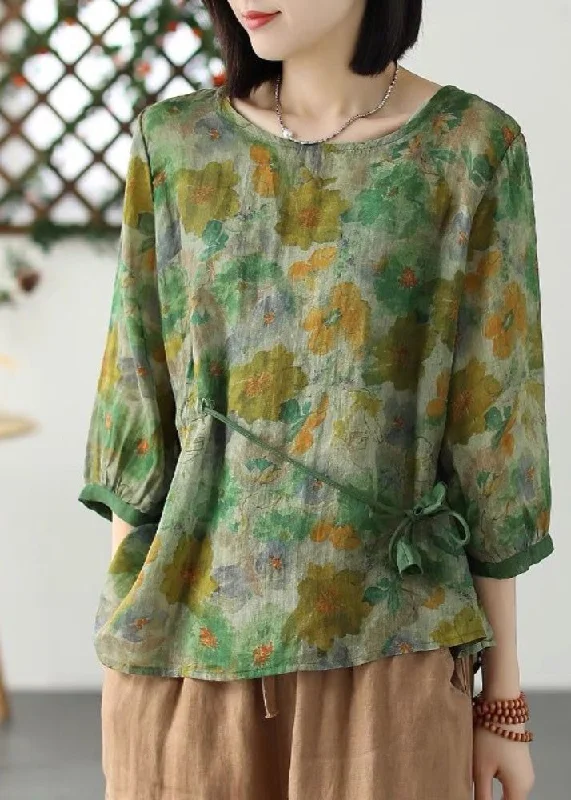Elegant Fashion Elegant Green O-Neck Print Drawstring Tie Waist Ramie Top Long Sleeve Elegant Fashion Elegant Green O-Neck Print Drawstring Tie Waist Ramie Top Long Sleeve