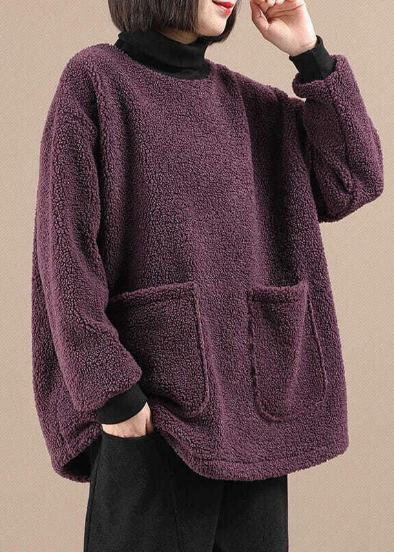 Unique Styles DIY Purple Turtleneck Pockets Faux Fur Loose Sweatshirt Winter