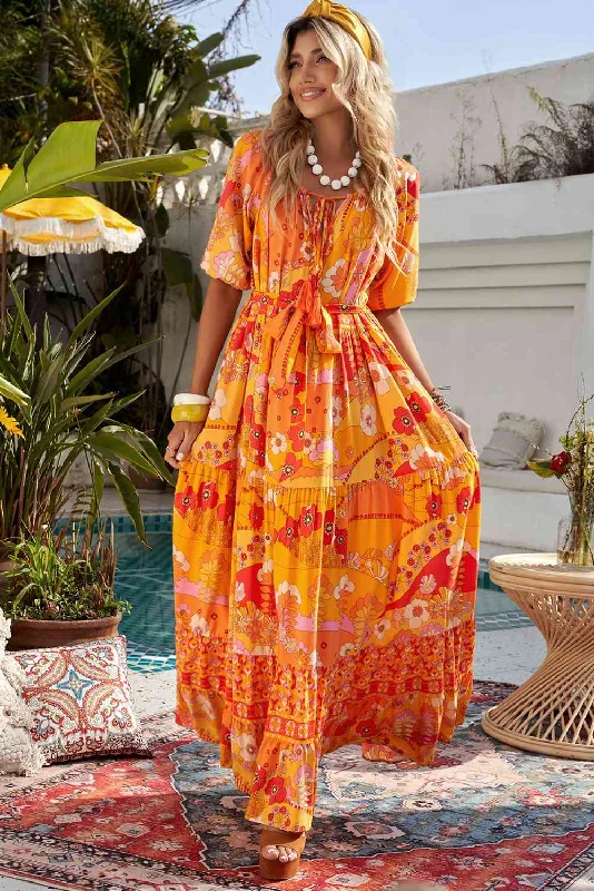 Elegant Comfort Bohemian Tie-Waist Tiered Maxi Dress