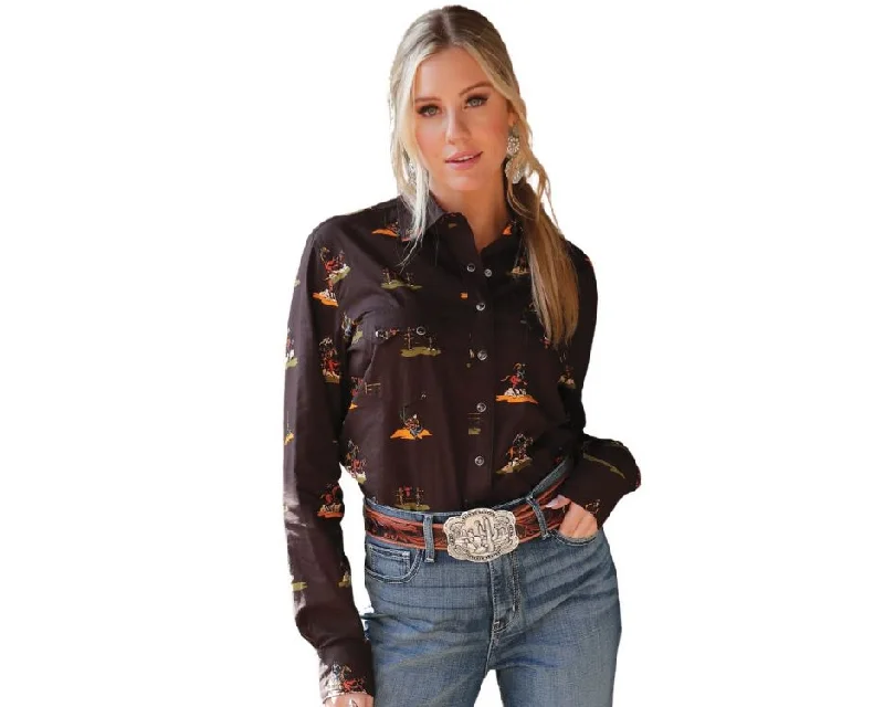 Personalized Contrast Design Brown Print Pearl Snap