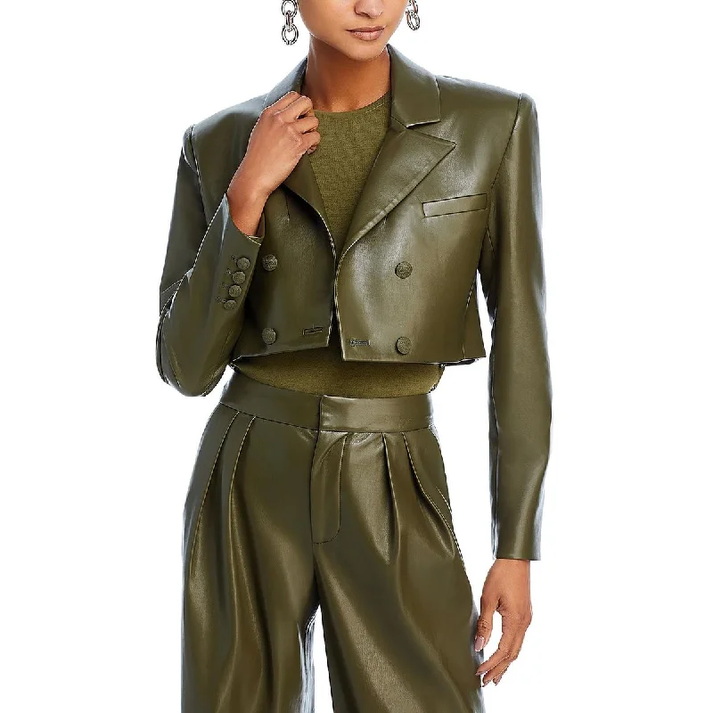 Functional Outfits Alice and Olivia Womens Faux Leather Cropped Double-Breasted Blazer
