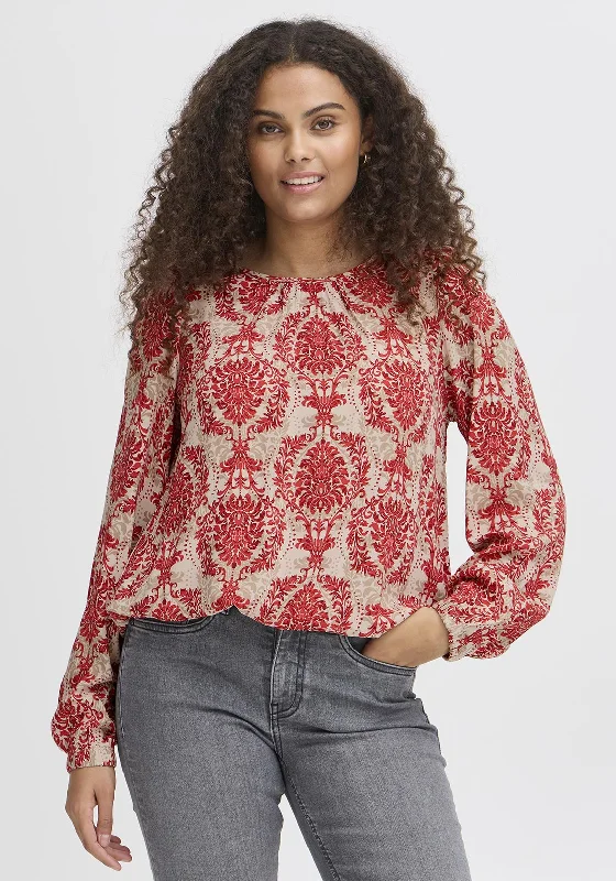 Unique Styles Fransa Flowy Printed Bubble Hem Blouse, Red
