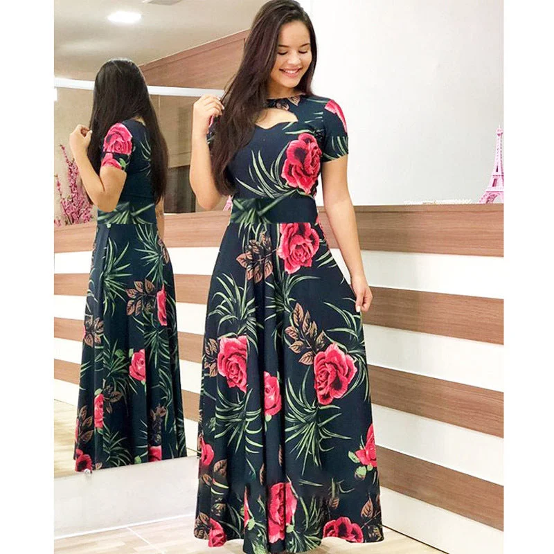 Minimalist Style Elegant Floral Print Long Dresses for Women