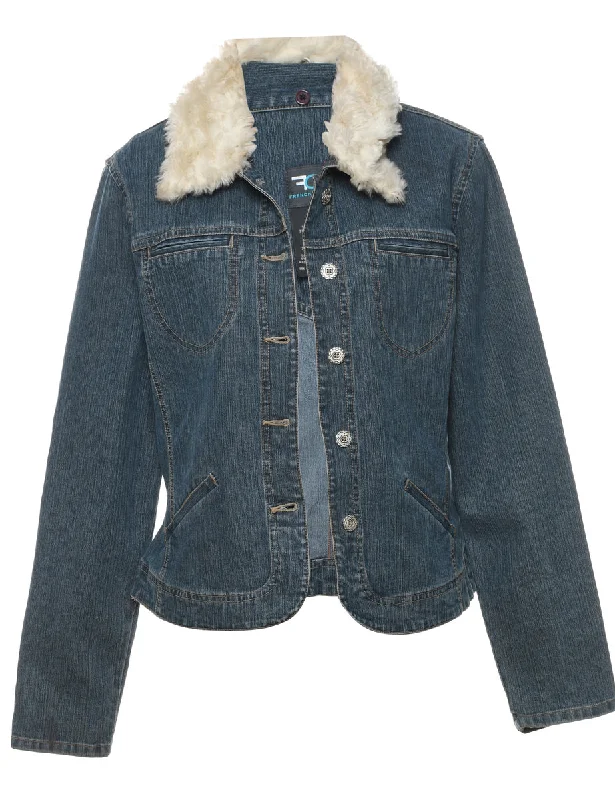 Cozy Wear Medium Wash Faux Fur Collar Denim Jacket - L