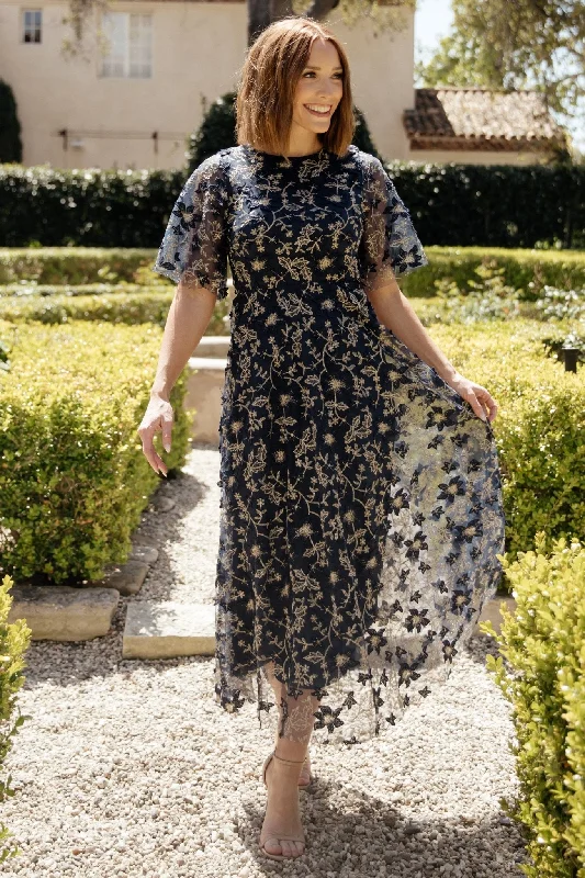 Personalized Design Jacket Arabella Embroidered Tulle Maxi Dress | Navy + Gold