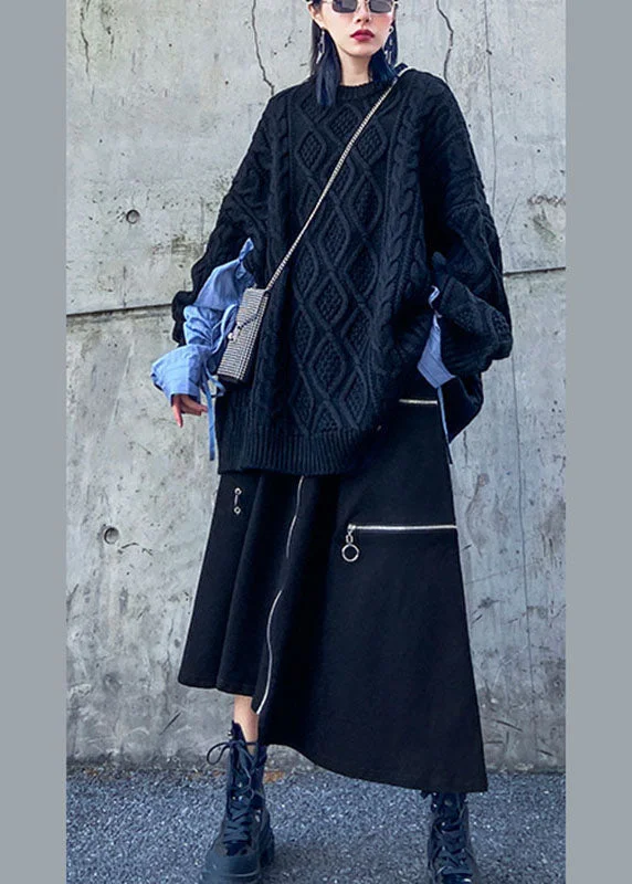 Cool Style Handmade Black High Waist Pockets Zippered asymmetrical design Fall Skirts