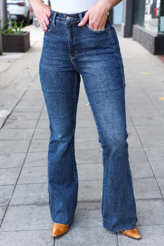 Trendy Vibes Judy Blue Dark Wash High Rise Flare Back Pocket Detail Jeans
