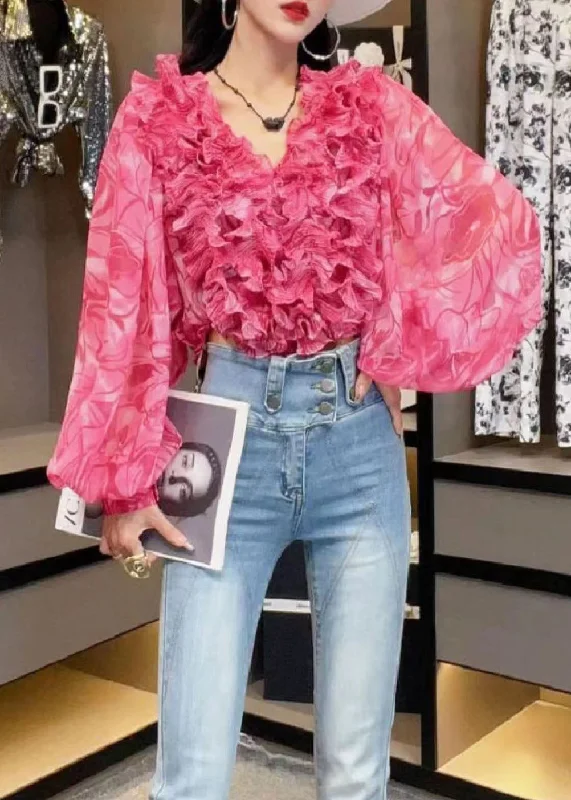 Trendy Clothing Style Rose V Neck Ruffled Print Patchwork Chiffon Shirt Top Summer