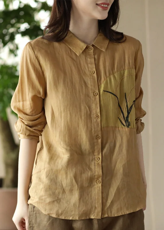 Cozy Fits Handmade Peter Pan Collar Embroideried Button Ramie Shirts Long Sleeve