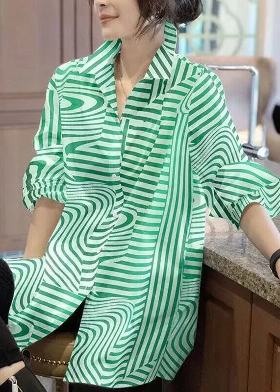 Warm Clothing Fashion Green Peter Pan Collar Striped Chiffon Shirts Top Spring