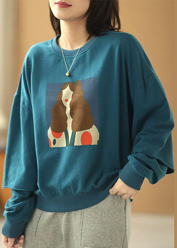 Modern Apparel Elegant Blue Loose O-Neck Print Fall Sweatshirts Top