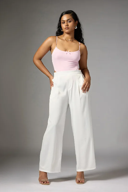 Bold Style Off White Satin Straight Korean Pants