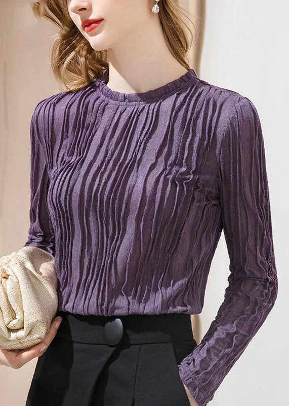 Affordable Looks French Purple Ruffled Patchwork Slim Fit Cotton T Shirt Spring