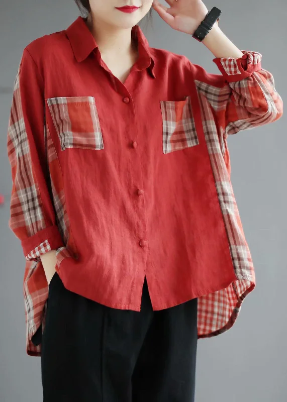 Trendy Vibes Fashion Red Plaid Patchwork PeterPan Collar Button Fall Shirt Long sleeve