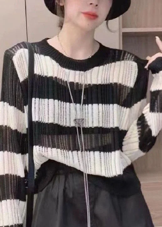 Minimalist Style Natural Black O Neck Striped Hollow Out Thin Knit Tops Long Sleeve